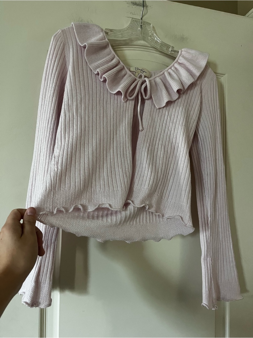 Jessica Simpson Ruffled Collar Ribbed Cardigan - Light Pink- Size XS - Picture 2 of 8